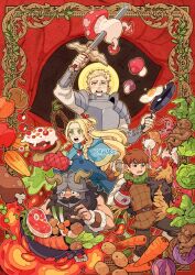 Rule 34 | 1girl, 3boys, armor, beard, blonde hair, blue robe, boned meat, border, braid, bread, cabbage, cake, carrot, cherry, chilchuck tims, cockatrice, damaredraws, dungeon meshi, egg, eyeball, facial hair, food, fruit, frying pan, full beard, green eyes, halo, helmet, highres, holding, holding frying pan, holding sword, holding weapon, laios touden, mandrake, marcille donato, meat, multiple boys, mushroom, mustache, onion, open mouth, ornate border, pointy ears, robe, senshi (dungeon meshi), spring onion, steak, sword, tentacles, weapon