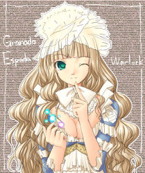 1girl bow breasts cleavage dress female_focus granado_espada green_eyes hazakura_mitsuki magic medium_breasts one_eye_closed solo warlock warlock_(granado_espada) wink