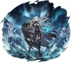 Rule 34 | 1girl, absurdres, agata (sword of convallaria), armor, black boots, black cloak, black pants, boobplate, boots, border, breastplate, breasts, cleavage, cleavage cutout, cloak, clothing cutout, corset, ear piercing, fading border, fingerless gloves, fur-trimmed cloak, fur trim, game cg, gloves, green eyes, highres, long hair, messy hair, non-web source, official art, pants, pauldrons, piercing, shirt, shoulder armor, single pauldron, solo, sword of convallaria, torn cloak, torn clothes, torn shirt, transparent border, white hair, wolf