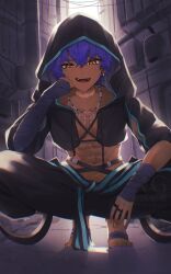 1boy abs absurdres alley bandages black_jacket blue_hair dark-skinned_male dark_skin ear_piercing fate/grand_order fate_(series) hassan_of_the_shining_star_(fate) highres hood hooded_shrug izanaware_game jacket jewelry looking_at_viewer male_focus mole mole_under_eye necklace piercing shrug_(clothing) solo squatting yellow_eyes