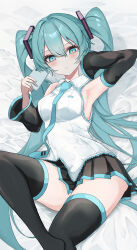 1girl aqua_eyes aqua_hair aqua_necktie arm_up armpits black_skirt black_thighhighs blush breasts cellphone closed_mouth detached_sleeves eikawa_suru feet_out_of_frame hair_between_eyes hair_ornament hatsune_miku highres holding holding_phone large_breasts long_hair long_sleeves looking_at_viewer lying necktie on_back phone pleated_skirt shirt skirt sleeveless sleeveless_shirt smartphone solo thick_thighs thighhighs thighs twintails very_long_hair vocaloid white_shirt wide_sleeves