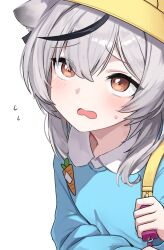 Rule 34 | 1girl, :o, absurdres, alternate costume, animal ears, blue archive, blue shirt, blush, commentary, crime prevention buzzer, flying sweatdrops, furrowed brow, gabang, grey hair, hat, highres, kindergarten uniform, kokona (blue archive), looking up, school hat, shirt, simple background, smock, solo, sweatdrop, tiger ears, upper body, white background, yellow hat