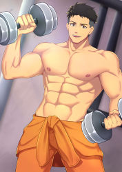 Rule 34 | 1boy, abs, absurdres, akitaru oubi, bara, black hair, black shirt, brown eyes, bulge, collarbone, dumbbell, en&#039;en no shouboutai, exercising, highres, large pectorals, male focus, minghecanyue, muscular, muscular male, navel, nipples, orange pants, pants, pectorals, shirt, short hair, smile, solo, topless male, undercut, weightlifting