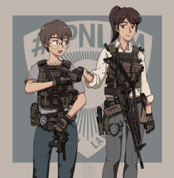 1boy 1girl ammunition_pouch arm_tattoo assault_rifle belt belt_pouch breasts brown_eyes brown_gloves brown_hair buckle bulletproof_vest collarbone commentary denim english_commentary etmc1992 fist_bump gloves grey_gloves grey_pants grey_shirt gun gun_sling handgun highres holster howa_type_89 jeans load_bearing_vest long_sleeves looking_at_another m1911 magazine_(weapon) medium_hair minebea_pm-9 open_mouth original pants police police_badge pouch rifle round_eyewear shirt short_hair signature simple_background small_breasts smile snap-fit_buckle standing tactical_clothes tattoo unit_patch vertical_foregrip weapon white_shirt