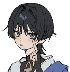 Rule 34 | 1boy, :p, akanbe, black bodysuit, black eyes, black hair, blunt ends, bodysuit, eyelid pull, eyeliner, eyeshadow, finger to eye, fiwbu 2, genshin impact, hair intakes, hand up, highres, index finger raised, japanese clothes, kimono, looking at viewer, lower eyelashes only, makeup, male focus, mandarin collar, portrait, red eyeliner, red eyeshadow, scaramouche (genshin impact), shoulder peek, sketch, solo, tongue, tongue out, wanderer (genshin impact), white background, white kimono, white sleeves
