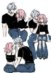 Rule 34 | 1boy, 1girl, alternate costume, ass, black shirt, black tank top, breasts, couple, cyrene (honkai: star rail), denim, earphones, gold tattoo, hetero, highres, honkai: star rail, honkai (series), ilsijeongj2213, jeans, looking at another, medium hair, midriff, multiple views, navel, neck tattoo, pants, phainon (honkai: star rail), pink hair, shared earphones, shirt, short hair, simple background, smile, tank top, tattoo, torn clothes, torn jeans, torn pants, white background, white hair