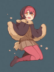 10s 1girl aaaabo blue_background blush boots brown_hair dodo_(kemono_friends) feathers female_focus fur_trim hairband highres kemono_friends multicolored_hair open_mouth orange_eyes pantyhose pink_hair pleated_skirt poncho short_hair simple_background skirt solo two-tone_hair