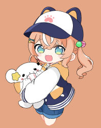 1girl :d animal animal_ears animal_hat ball baseball_(object) blue_eyes blue_jacket blue_shorts blush_stickers brown_background brown_hair commentary cropped_legs dice_hair_ornament fake_animal_ears fang hair_between_eyes hair_ornament hairclip hat highres hood hood_down hooded_jacket igarashi_rika jacket long_sleeves looking_at_viewer multicolored_hair nijisanji nozo_(hitomiz) open_mouth puffy_long_sleeves puffy_sleeves seal_(animal) shorts simple_background sleeves_past_wrists smile solo star_(symbol) star_hair_ornament streaked_hair twintails virtual_youtuber white_hair x_hair_ornament