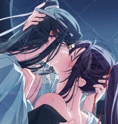 2boys ahoge bishounen bite_mark black_hair black_hanfu blush chinese_clothes closed_eyes clothes_grab couple eyelashes french_kiss hair_ribbon hand_in_another&#039;s_hair hand_on_another&#039;s_head hanfu headband hickey highres holding holding_ribbon implied_sex indoors kimako_(kimako_8) kiss lan_wangji long_hair looking_at_another male_focus modao_zushi multiple_boys night night_sky off_shoulder ponytail profile red_ribbon ribbon robe round_window saliva sidelocks single_bare_shoulder sky star_(sky) starry_sky sweat topknot upper_body watermark wei_wuxian white_hanfu white_headband window xiao_guan_(headdress) yaoi yellow_eyes