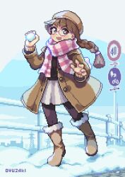 1girl black_pantyhose blush boots braid brown_boots brown_coat brown_hair brown_headwear coat day glasses holding holding_snowball knee_boots long_sleeves looking_at_viewer open_mouth original outdoors oyuzaki_(ayuzaki) pantyhose pink-framed_eyewear pixel_art railing road_sign round_eyewear sign single_braid smile snow snowball solo