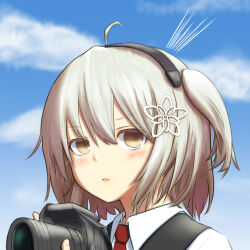 1girl ^^^ ahoge arknights black_hairband black_vest blush camera cloud collared_shirt commentary_request grey_hair hair_between_eyes hair_ornament hairband highres holding holding_camera looking_at_viewer necktie one_side_up red_necktie scene_(arknights) shirt short_hair solo sparkle vest white_shirt yellow_eyes yudoufu_(bioyudoufu)
