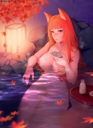 1girl alcohol alternate_breast_size animal_ears belkaderry blunt_bangs blush breasts closed_mouth collarbone completely_nude eyelashes holo large_breasts leaf long_hair looking_at_viewer navel night night_sky nipples nude onsen orange_hair red_eyes sake sky solo solo_focus spice_and_wolf thick_thighs thighs water wide_hips wolf_ears wolf_girl