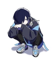 1boy black_jacket black_pants blue_hair closed_mouth commentary_request full_body grey_eyes hair_over_one_eye headphones headphones_around_neck jacket long_sleeves looking_at_viewer male_focus nodoka906 official_alternate_costume pants persona persona_3 persona_3_reload shoes short_hair sneakers solo squatting twitter_username village_vanguard white_background yuuki_makoto_(persona_3)