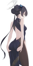 1girl absurdres ass back back_cutout bare_shoulders black_dress black_hair black_pantyhose blue_archive breasts butterfly_hair_ornament china_dress chinese_clothes clothing_cutout commentary double_bun dragon_print dress gold_trim grey_eyes hair_bun hair_ornament halo highres kisaki_(blue_archive) long_hair looking_at_viewer looking_back pantyhose pelvic_curtain short_dress side_slit small_breasts solo sukaliya thighs twintails