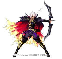 1boy 2017 aiming arrow_(projectile) black_footwear blue_eyes boots bow_(weapon) copyright_name eyepatch feather_trim fire_emblem fire_emblem_fates fire_emblem_heroes flame_print hair_between_eyes holding holding_bow_(weapon) holding_weapon knee_boots male_focus niles_(fire_emblem) niles_(resplendent)_(fire_emblem) nintendo official_alternate_costume official_art suekane_kumiko two-tone_cape weapon white_hair