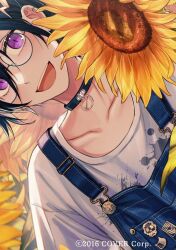 1boy 2016 azuma_hatori black_choker black_hair blue_overalls choker copyright_notice flower holding holding_flower holostars kanade_izuru male_focus official_art open_mouth overalls purple_eyes round_eyewear shirt smile solo sunflower virtual_youtuber white_shirt yellow_flower