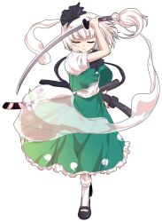 Rule 34 | 1girl, alphes (style), arm up, ascot, black ascot, black hairband, black ribbon, black shoes, bow hairband, closed eyes, closed mouth, commentary request, dairi, facing viewer, frilled skirt, frills, full body, green skirt, green vest, hair ribbon, hairband, hitodama print, holding, holding sheath, holding sword, holding weapon, katana, konpaku youmu, konpaku youmu (ghost), large variant set, long skirt, mary janes, parody, print skirt, puffy short sleeves, puffy sleeves, ribbon, scabbard, sheath, sheathed, shirt, shoes, short hair, short sleeves, simple background, skirt, socks, solo, standing, style parody, sword, tachi-e, touhou, transparent background, variant set, vest, weapon, white hair, white shirt, white socks