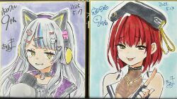 Rule 34 | 2girls, :p, animal ear headphones, animal ears, beret, black gloves, black hat, blush, commentary request, dated, fake animal ears, fingerless gloves, gloves, grey hair, grey shirt, hand up, hat, headphones, heterochromia, highres, hololive, houshou marine, houshou marine (businesswoman), index finger raised, jacket, kiritoma, long hair, long sleeves, multicolored hair, multiple girls, murasaki shion, murasaki shion (8th costume), open clothes, open jacket, orange eyes, photo (medium), puffy long sleeves, puffy sleeves, purple hair, red eyes, red hair, shirt, signature, sleeveless, sleeveless shirt, streaked hair, tongue, tongue out, traditional media, translation request, two-tone hair, upper body, virtual youtuber, white jacket, white shirt, yellow eyes