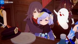 3d 5girls amber_(genshin_impact) animated bead_necklace beads blush chair china_dress chinese_clothes chopsticks dress eating closed_eyes food ganyu_(genshin_impact) genshin_impact ghost half-closed_eyes hat hu_tao_(genshin_impact) hug jewelry jiangshi koikatsu_(medium) long_hair long_sleeves multiple_girls necklace nuzzle qiqi_(genshin_impact) shorts sitting sleeves_past_wrists star-shaped_pupils star_(symbol) symbol-shaped_pupils table talisman teeth top_hat watermark wide_sleeves xiangling_(genshin_impact) yuri-dom