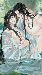 2boys abs alternate_costume alternate_hairstyle bare_pectorals bathrobe bishounen black_hair blurry blurry_background carrying chest_tattoo chinese_clothes collarbone couple day gearous grey_eyes hair_down hanfu highres holding_another&#039;s_hair lan_wangji leaf long_hair looking_at_another male_focus modao_zushi multiple_boys nipples non-web_source official_art open_clothes open_mouth open_robe outdoors partially_submerged pectorals princess_carry robe see-through_clothes sitting tattoo toned toned_male very_long_hair water wei_wuxian wet wet_clothes wet_hair white_robe yaoi yellow_eyes