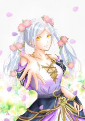 1girl arm_at_side bare_arms bare_shoulders bracelet breasts capelet cleavage collarbone dress eyelashes falling_petals female_focus female_robin_(fire_emblem) female_robin_(valentine)_(fire_emblem) field fingerless_gloves fingernails fire_emblem fire_emblem_awakening fire_emblem_heroes flower flower_bracelet flower_field gloves hair_flower hair_ornament halterneck happy highres intelligent_systems long_dress long_hair looking_at_viewer medium_breasts moverabbit0305 neck nintendo off_shoulder official_alternate_costume outstretched_hand parted_lips petals reaching reaching_towards_viewer rope_belt sidelocks sleeveless sleeveless_dress smile spaghetti_strap standing swept_bangs twintails upper_body white_hair yellow_eyes