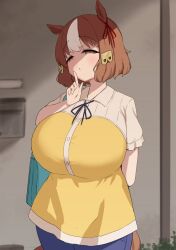 1girl absurdres alternate_breast_size alternate_costume animal_ears belno_light_(umamusume) bow breasts brown_eyes brown_hair ear_ornament ear_ribbon finger_to_mouth gigantic_breasts hair_ornament highres horse_ears horse_girl horse_tail letter_hair_ornament looking_at_viewer multicolored_hair noe_(ppppriver) short_hair solo tail umamusume umamusume:_cinderella_gray