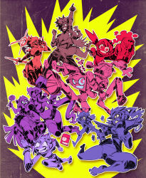 00s 10s 1boy 6+girls ass barefoot breast_press can candy canti character_request creator_connection cutie_honey cutie_honey_(character) dead_leaves ebichu ebichu_(character) electric_guitar flcl food gainax guitar gun haruhara_haruko heart highres instrument kamina_(ttgl) kamina_pose kisaragi_honey lollipop midriff multiple_girls multiple_monochrome navel pandy pandy_(dead_leaves) panties panties_around_leg panty_&amp;_stocking_with_garterbelt panty_(psg) pointing pointing_up rafchu re:_cutie_honey retro_(dead_leaves) running stocking_(psg) tengen_toppa_gurren_lagann thighhighs underwear v weapon yoko_littner