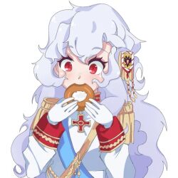 1girl aiguillette alpha_(alpha_1918) armband buttons collar cross cross_pendant donut eating epaulettes findoworld fluffy fluffy_hair food gloves gold_buttons gold_trim hair_ornament happy lips long_hair looking_at_viewer military military_uniform non-web_source original red_eyes red_sleeve_cuffs russian_empire sleeve_cuffs solo sticker transparent transparent_background very_long_hair white_gloves white_hair