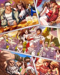 5girls 5koma 6+boys akuma_(street_fighter) alternate_costume andy_bogard baby bandaged_arm bandages bandana beard bed bed_sheet beer_mug black_hair blonde_hair blush breast_press breasts brown_hair bucket capcom carrying character_request cherry_blossoms chun-li cleavage_cutout clothing_cutout comic crossed_arms crossover cup dark-skinned_female dark_skin day dress elena_(street_fighter) embarrassed facial_hair fatal_fury father_and_son fingerless_gloves flower food gloves glowing glowing_eyes grass guile hair_bun han_juri high_heels jacket ken_masters kiss large_breasts leather leather_jacket long_hair mother_and_son mug multiple_boys multiple_girls muscular muscular_male official_alternate_costume photo_(medium) pillow plant red_eyes rope ryu_(street_fighter) shiranui_mai short_hair sleeping smile street_fighter street_fighter_6 table terry_bogard tree vlizzyvlizz117 wedding_dress white_hair