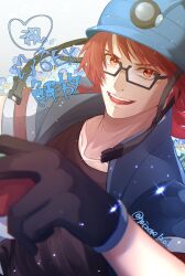 Rule 34 | alternate color, black-framed eyewear, black gloves, black shirt, blue flower, blue jacket, collarbone, flower, gloves, highres, jacket, looking at viewer, male focus, nintendo, pokemon, pokemon masters ex, red eyes, red hair, roark (pokemon), shirt, solo, star (symbol), tsuyuki mizore