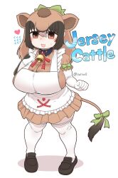 1girl animal_ears animal_print apron bell black_gloves black_hair black_shoes blush bow bowtie brown_eyes brown_hair brown_shirt brown_skirt cow_ears cow_girl cow_print cow_tail elbow_gloves flying_sweatdrops frilled_apron frills gloves green_bow hair_between_eyes hair_bow heart highres itatiuo2 jersey_cattle_(kemono_friends) kemono_friends loafers multicolored_hair neck_bell pleated_skirt print_gloves puffy_short_sleeves puffy_sleeves red_bow red_bowtie shirt shoes short_hair short_sleeves sidelocks skirt solo tail tail_bow tail_ornament thighhighs two-tone_gloves white_apron white_gloves white_thighhighs zettai_ryouiki
