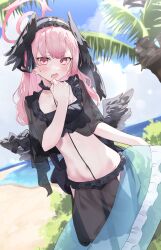 1girl absurdres alternate_costume alternate_hairstyle beach bikini black_bikini black_hairband blue_archive blue_sky cloud commentary_request day frilled_bikini frilled_hairband frills hairband halo head_wings heimu_(heim_kstr) highres koharu_(blue_archive) looking_at_viewer medium_hair navel ocean open_mouth outdoors palm_tree pink_eyes pink_hair pink_halo sky solo summer swimsuit tree wings