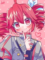 1girl ahoge blush bow buttons close-up closed_mouth double-breasted double-parted_bangs drill_hair fang fingernails grey_jacket hair_between_eyes hair_bow hair_ribbon hand_up index_finger_raised jacket kasane_teto kasane_teto_(sv) pink_background red_eyes red_hair red_nails red_trim ribbon shoulder_belt signature skin_fang smile solo striped_clothes striped_jacket synthesizer_v twin_drills utau white_bow white_ribbon yuusuke-kun