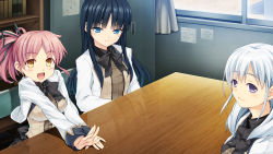 Rule 34 | 3girls, :d, absurdres, arisue haruka, black hair, black ribbon, blue eyes, blush, breasts, game cg, hair ribbon, harem tengoku da to omottara yandere jigoku datta, highres, hiiro yuki, indoors, locker, long hair, miyasu sayuri, multiple girls, open mouth, outstretched arms, pink hair, ponytail, purple eyes, reflection, ribbon, school uniform, silver hair, smile, table, toutomi kanna, window, yellow eyes