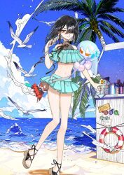&gt;:) 1girl animal aqua_bikini arm_at_side bare_shoulders beach belt bikini bikini_skirt bird black_hair blue_sky bracelet breasts character_doll closed_mouth cloud colored_inner_hair crossed_bangs day earrings endo_(takolegs) fate/grand_order fate_(series) game_cg hair_over_one_eye halterneck hand_in_own_hair hand_up high_collar horizon jewelry lady_yu_doll leg_up looking_at_viewer mole mole_under_eye multicolored_hair navel ocean off-shoulder_bikini off_shoulder official_art one_eye_covered orange_eyes palm_tree platform_sandals sand sandals seagull short_hair sky small_breasts smile solo standing standing_on_one_leg stomach swimsuit third-party_source toes tree v-shaped_eyebrows variant_set waves white_belt xu_fu_(fate) xu_fu_(swimsuit_avenger)_(fate) xu_fu_(swimsuit_avenger)_(second_ascension)_(fate)