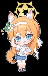 1girl :d alternate_costume animal_ear_fluff animal_ears bag black_shoes blue_archive blue_eyes chibi chibi_only denim denim_shorts flower fox_ears hair_flower hair_ornament hairband halo hand_on_own_forehead highres jhsd long_hair looking_afar mari_(blue_archive) no_socks notice_lines open_mouth orange_hair shirt shoes shorts smile solo white_hairband white_shirt yellow_halo
