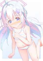 1girl absurdres ahoge barefoot blue_archive blue_background blue_hair blush bra breasts closed_mouth commentary foot_up gradient_background hair_between_eyes hair_ornament halo highres long_hair looking_at_viewer multicolored_hair navel panties pink_hair pink_halo purple_eyes ratemaru reisa_(blue_archive) simple_background small_breasts solo star_(symbol) star_hair_ornament star_halo stomach striped_bra striped_clothes striped_panties tearing_up toes twintails two-tone_hair underwear very_long_hair white_background