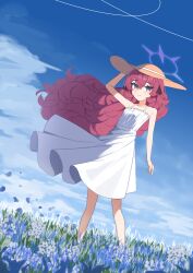 1girl absurdres alternate_costume anma21 bare_legs bare_shoulders blue_archive blue_sky cloud cloudy_sky dress dutch_angle field flower flower_field full_body grey_eyes halo hand_on_headwear hat highres iroha_(blue_archive) long_hair purple_halo red_hair sky solo sun_hat sundress wavy_hair white_dress