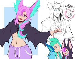1boy 1girl ;) animal_ears bat_ears black_wings blush closed_mouth english_text fake_animal_ears fake_wings green_(greeniris) green_hair groin heart highres hood hood_down hood_up league_of_legends long_hair navel one_eye_closed pants pink_hair pink_pants rakan_(league_of_legends) smile stomach white_background wings xayah