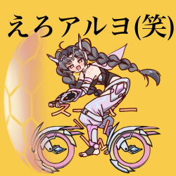 1girl :d bicycle black_leotard black_socks blush braid breasts brown_eyes copyright_request from_side headgear honeycomb_(pattern) large_breasts leotard long_hair looking_at_viewer looking_to_the_side nose_blush open_mouth pants parted_bangs pink_pants puffy_pants riding riding_bicycle simple_background smile socks solo stirrup_legwear toeless_legwear translation_request twin_braids twintails unadon_(unadoom) very_long_hair yellow_background
