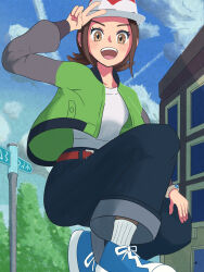 1girl bell-bottoms belt blue_sneakers breasts brown_eyes brown_hair building child clenched_hand collarbone creatures_(company) day denim emezame eyelashes female_focus fingernails forehead full_body game_freak green_jacket hand_on_own_knee hand_up happy harmony_(pokemon) hat heel_up highres jacket jeans legs long_sleeves looking_at_viewer matching_hair/eyes medium_hair mega_ring neck nintendo on_one_knee open_clothes open_jacket open_mouth outdoors pants parted_bangs pokemon pokemon_legends:_z-a shoes sidelocks signpost sky small_breasts smile sneakers socks town v v_over_head white_hat white_socks