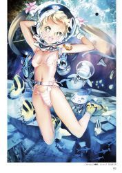 1girl 2006 bikini blonde_hair clownfish dated diving_helmet diving_regulator fish flippers gloves gun hammerhead_shark handgun helmet highres holster holstered navel nishieda open_mouth original page_number panties pink_panties revolver scuba_gear seahorse short_hair side-tie_bikini_bottom solo star_(symbol) star_print striped_bikini striped_clothes swimsuit underwear weapon white_gloves yellow_eyes