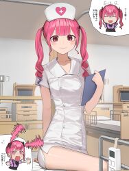 1girl absurdres black_skirt closed_mouth colored_tips commentary_request dress fang hat highres hinamizawa_hinami_(tetto) hospital indoors long_hair multicolored_hair nurse nurse_cap open_mouth original pink_hair purple_shirt shirt short_sleeves skin_fang skirt tetto_(onnoveltet) translation_request twintails white_dress