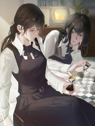 2girls absurdres black_hair board_game chainsaw_man chess chess_piece chessboard commentary cross_scar dress fami_(chainsaw_man) famine_devil_(chainsaw_man) fourth_east_high_school_uniform highres ivdimension long_hair mitaka_asa multiple_girls pinafore_dress ringed_eyes scar scar_on_face school_uniform sleeveless sleeveless_dress yoru_(chainsaw_man)