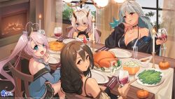 4girls ahoge alcohol azur_lane bare_shoulders bikini bikini_top_only bikini_under_clothes black_bikini black_jacket blue_eyes body_markings bodypaint braid breasts brown_eyes brown_hair cup dark-skinned_female dark_skin drinking_glass facial_mark feather_hair_ornament food forehead_mark fork gravy gravy_boat green_bean hair_between_eyes hair_ornament heart heart-shaped_pupils heart_ahoge heterochromia highres indianapolis_(azur_lane) jacket large_breasts light_purple_hair looking_at_viewer lucidsky massachusetts_(azur_lane) multiple_girls native_american official_art open_mouth partially_unzipped pie plate portland_(azur_lane) red_eyes side_ponytail silver_hair sitting small_breasts smile south_dakota_(azur_lane) swimsuit swimsuit_under_clothes symbol-shaped_pupils thanksgiving tri_braids turkey_(bird) turkey_(food) unzipped wine wine_glass