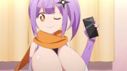 2girls animated anime_screenshot bare_shoulders blue_shorts bouncing_breasts breasts brown_eyes brown_hair camisole cellphone cleavage closed_eyes dolphin_shorts elbow_gloves glasses gloves hair_ornament highres huge_breasts japanese_clothes kimono koga_konoha kusagakure_satoko multiple_girls ninja_to_koroshiya_no_futarigurashi one_eye_closed orange_scarf phone purple_hair purple_kimono sash scarf short_hair shorts shuriken_hair_ornament side_ponytail sleeveless sleeveless_kimono smile sound tagme video wrist_guards
