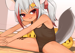 Rule 34 | 1girl, :3, animal ears, bare arms, bare legs, bare shoulders, black leotard, blush, breasts, cheese hair ornament, chilla behemos, chinese commentary, commentary request, dark-skinned female, dark skin, fang, food-themed hair ornament, grey hair, hair ornament, indoors, leotard, long hair, meme, mouse ears, mouse girl, mouse tail, multicolored hair, ponytail, protected link, red eyes, red hair, sitting, small breasts, solo, spread legs, square live, surio, tail, thighs, two-tone hair, variant set