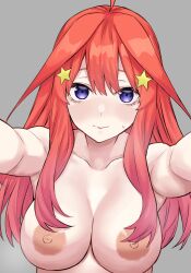 1girl absurdres ahoge breasts closed_mouth collarbone commentary_request go-toubun_no_hanayome grey_background hair_ornament highres large_breasts long_hair looking_at_viewer marimo_625 nakano_itsuki nipples nude purple_eyes reaching reaching_towards_viewer red_hair simple_background solo star_(symbol) star_hair_ornament upper_body