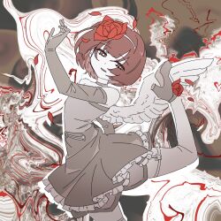Rule 34 | 1girl, abstract background, angel wings, arched back, bare shoulders, brown background, brown eyes, brown hair, chill (chill meal), choker, commentary request, cowboy shot, dancing, dress, elbow gloves, flower, footwear flower, gloves, grey choker, grey dress, grey gloves, grey shoes, haiiro no kutsu (vocaloid), hair flower, hair ornament, half-closed eyes, high heels, highres, iyowa girls, leg up, looking at viewer, red flower, red rose, rose, shoes, short dress, short hair, smile, solo, standing, standing on one leg, strapless, strapless dress, thighhighs, white thighhighs, wings