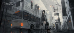 1girl absurdres animal_ear_fluff animal_ears bag black_bag black_bow black_bowtie black_cat black_footwear black_hair black_jacket black_suit bob_cut bow bowtie bus cat cat_ears city cityscape expressionless fish flying_fish flying_whale formal_clothes grey_shirt grey_thighhighs highres jacket lamppost looking_to_the_side motor_vehicle open_clothes open_jacket original outdoors pink_eyes rotarran scenery shirt short_hair shoulder_bag suit surreal thighhighs whale